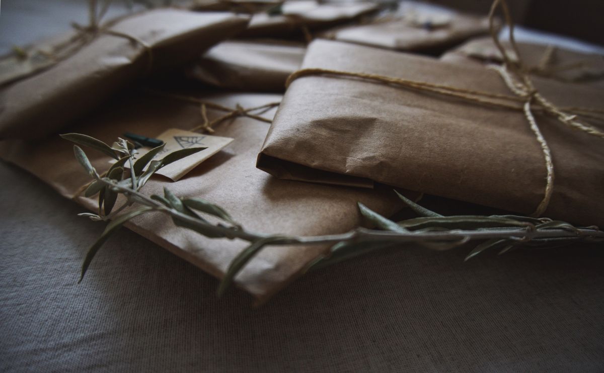 Parcels wrapped in kraft paper and twine
