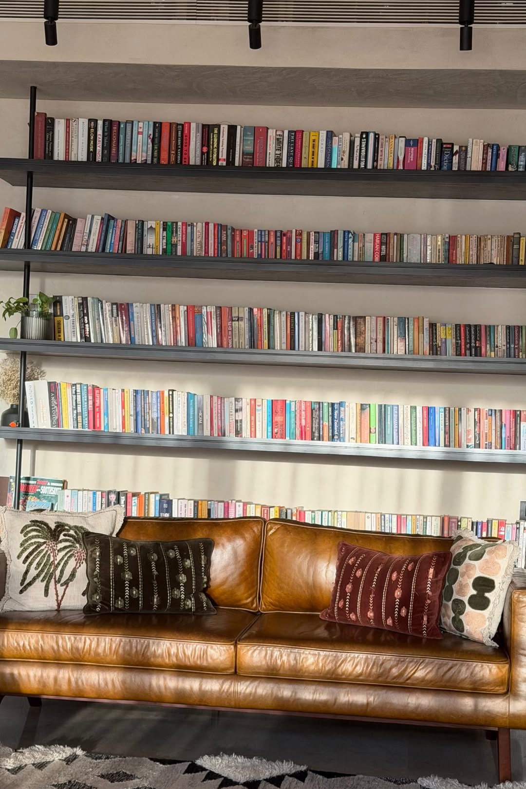Kavea's home library with a leather sofa